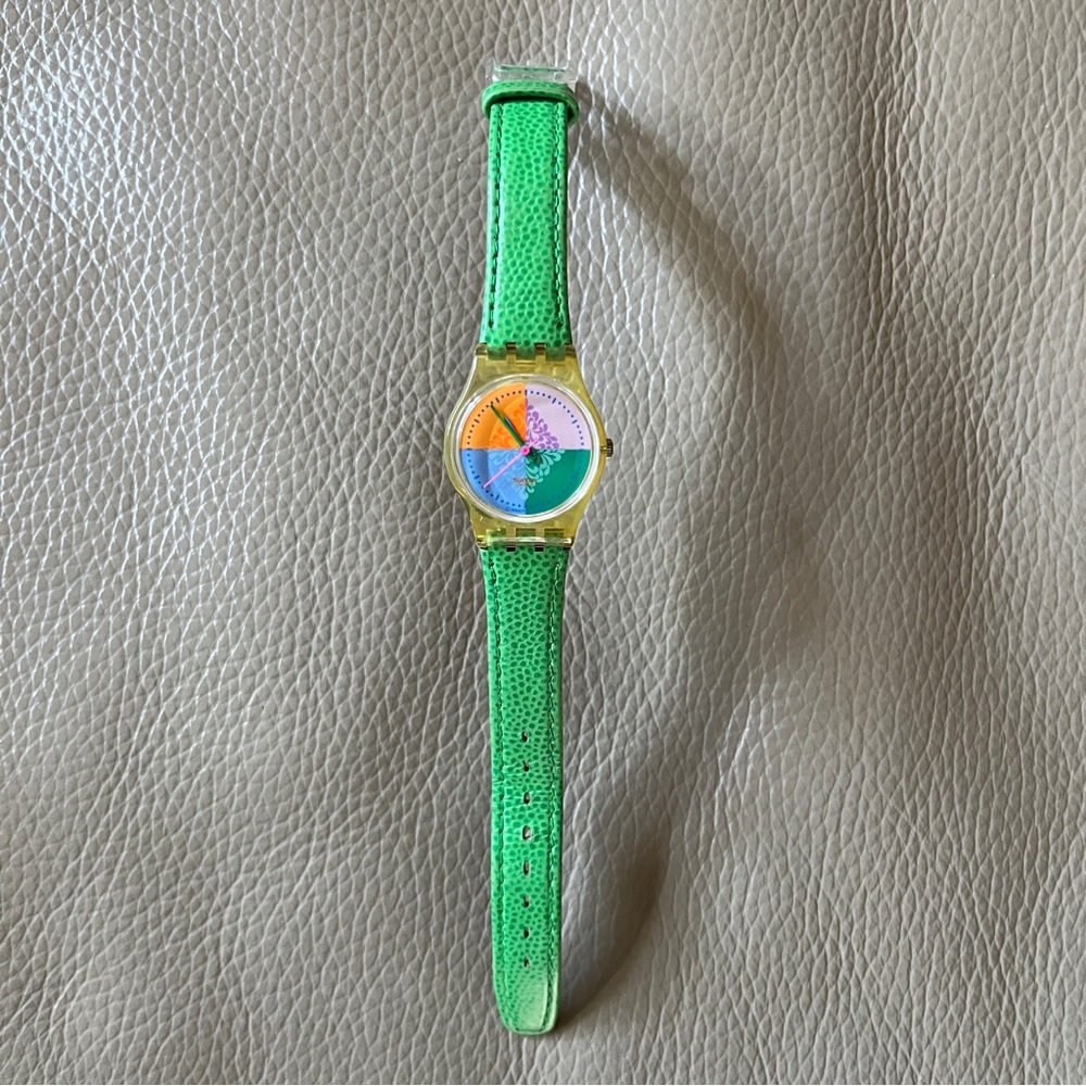 SWATCH SWISS FLICK FLAK WATCH Vintage Green Leather Strap Women/Kids Switzerland